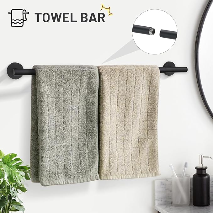 TURS Matte Black 5 Piece Bathroom Hardware Set, SUS304 Stainless Steel Bath Towel Bar Set, 24 Inch Round Bathroom Accessories Kit Wall Mounted