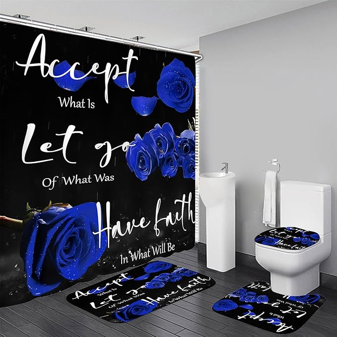 Yddsky 4 Pcs Blue Rose Shower Curtain Sets with Rugs Black Blessed Bathroom Sets with Shower Curtain and Rugs Bathroom Curtains Shower Set with Toilet Lid Cover for Women Bathroom Decor Accessories