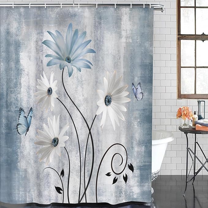 ArtSocket Daisy Flowers Butterfly Bathroom Set with Shower Curtain and Bath Rugs and Accessories,Abstract Blue Grey Non-Slip Shower Curtain Set,Bathroom Decor 3 Pcs
