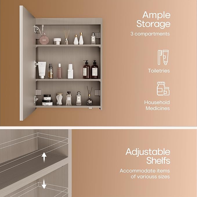 32x24 inch LED Lighted Medicine Cabinet with Mirror, Moisture-Resistant Wood, Stepless Dimmable, 3000K/5500K, Defogger, Adjustable Shelf, Flat-Pack Design – Assembly Required (Grey)