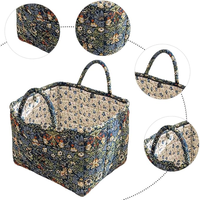 Quilted Fabric Storage Basket Boho Floral Laundry Hamper with Handle Foldable Floral Basket Organizer for Car Bedroom