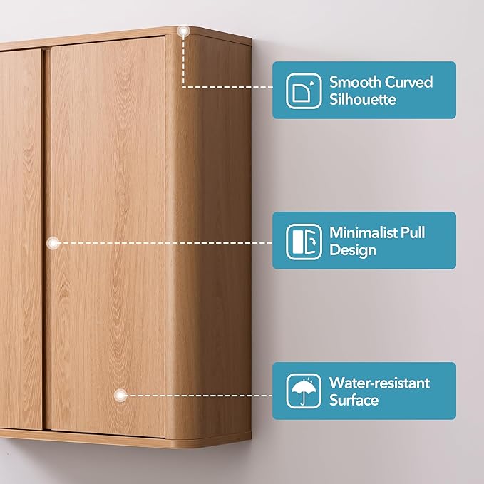 VANIRROR Wall Mounted Bathroom Cabinet, Premium Medicine Cabinet with Safe Rounded Edges, 2-Door Wood Storage Organizer with Adjustable Shelves for Laundry, Kitchen