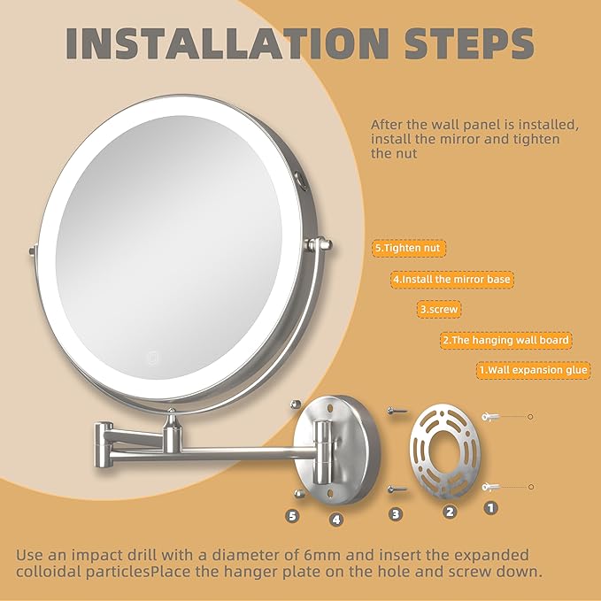 8.5" Wall Mounted Makeup Mirror with Light, 2000mAh Rechargeable Double Sided 1X / 10X Magnifying Vanity Mirror, 3 Color Lights Touch Dimmable 360° Rotation Bathroom Mirror, Chrome