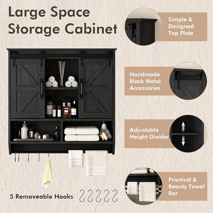 RUSTOWN Farmhouse Bathroom Wall Cabinet,3-Tier Rustic Wood Wall Mounted Cabinets,Vintage Medicine Cabinet with Sliding Barn Door and Adjustable Shelves,Over The Toilet Storage Cabinet (Black)