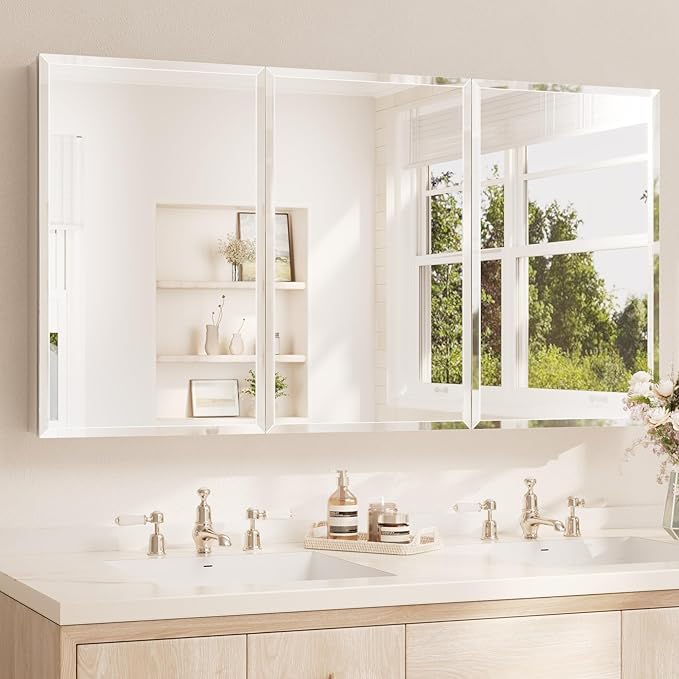 TETOTE 60 x 32 Medicine Cabinet with Tempered Beveled Mirror Silver Aluminum Cabinet DTC Hinges, Stepless Adjustable Shelves, Recessed/Surface-Mounted