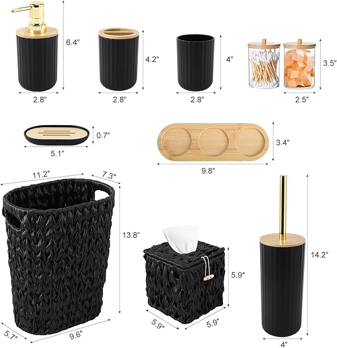 Bathroom Accessories Set - 10PCS Bathroom Set with Handwoven Trash Can,Shower Curtain,Toilet Brush Holder Set,Tissue Holder & Soap Dispenser for Bathroom Décor and Housewarming Gifts (Black, Bath Set)