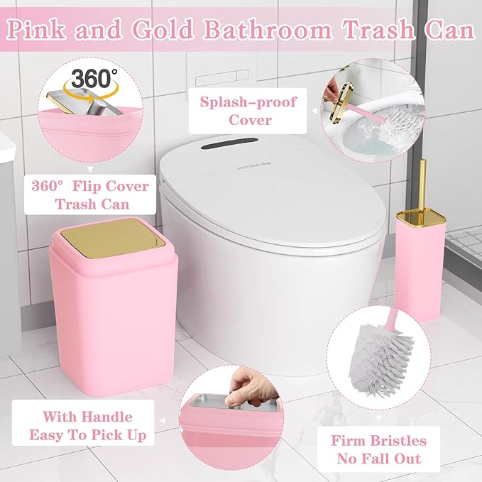 XLHOMO Pink Bathroom Accessories Set, Pink and Gold Bathroom Accessories with Trash Can, Soap Dispenser, Soap Dish, Toothbrush Holder and Q-tip Holders