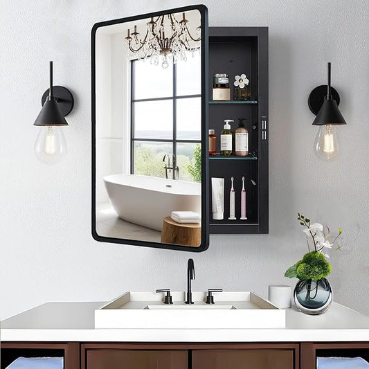Black Medicine Cabinet 20x26 inch, Bathroom Mirror with Storage, Recessed or Wall Mounted Farmhouse Cabinets, Metal Framed Adjustable Shelves, One Door Open Left or Right