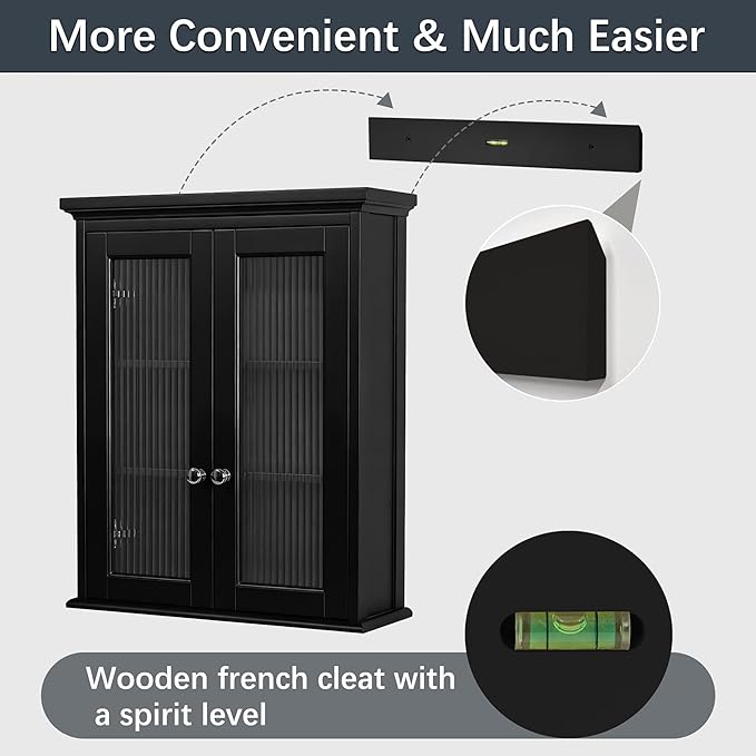 Wall Mounted Bathroom Cabinet with Fluted Glass Doors, Medicine Cabinet with Soft-Close Hinges, Space Saving Wall Organizer for Bathroom Above Toilet Storage (Black)