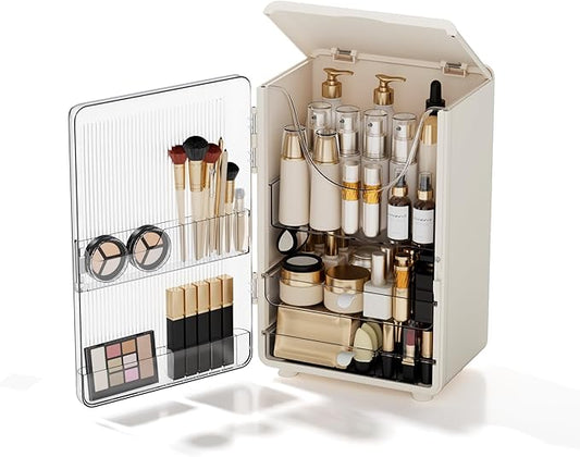 Makeup Organizer for Vanity,Perfume Organizer Display Case,Large Plastic Drawer Storage,White Multi-Function Brush Organizers Storage for Bathroom Countertop (White)