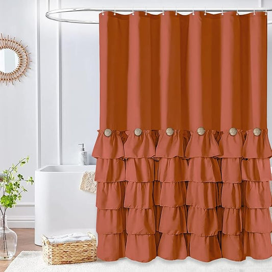 Seasonwood Orange Shower Curtain Burnt Orange Shower Curtain with Nature Buttons Ruffle Shower Curtains Farmhouse Shower Curtains for Bathroom 72×84