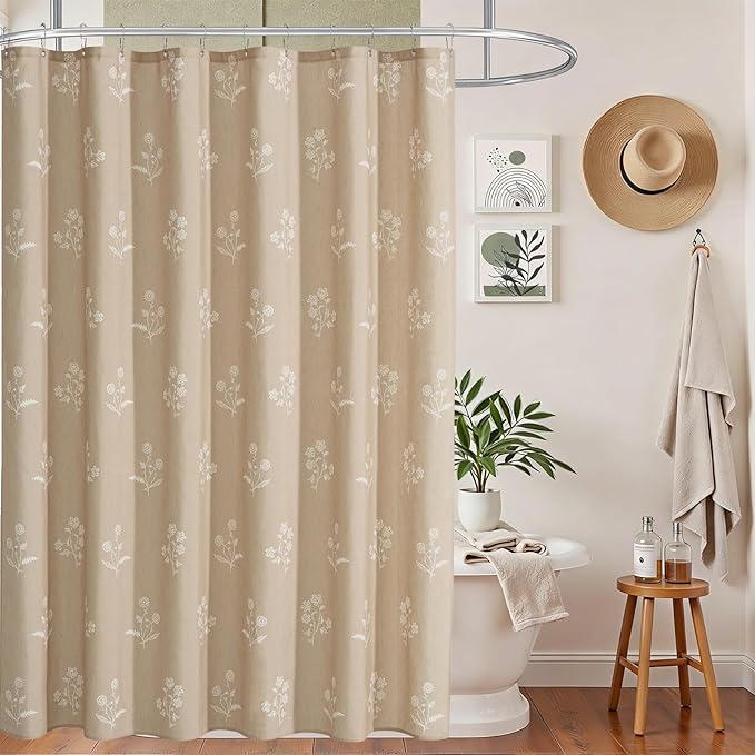 ORTIGIA Cottage Core Neutral Shower Curtain Linen Farmhouse Vintage Floral Block Print Shower Curtains Set Boho Rustic Decor for Bathroom 72 W x 72 L