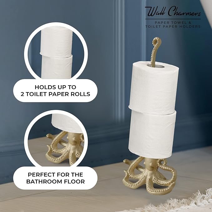 WallCharmers Gold Paper Towel Holder, Metal Toilet or Kitchen Paper Holder for Floor or Countertop, Gold Octopus