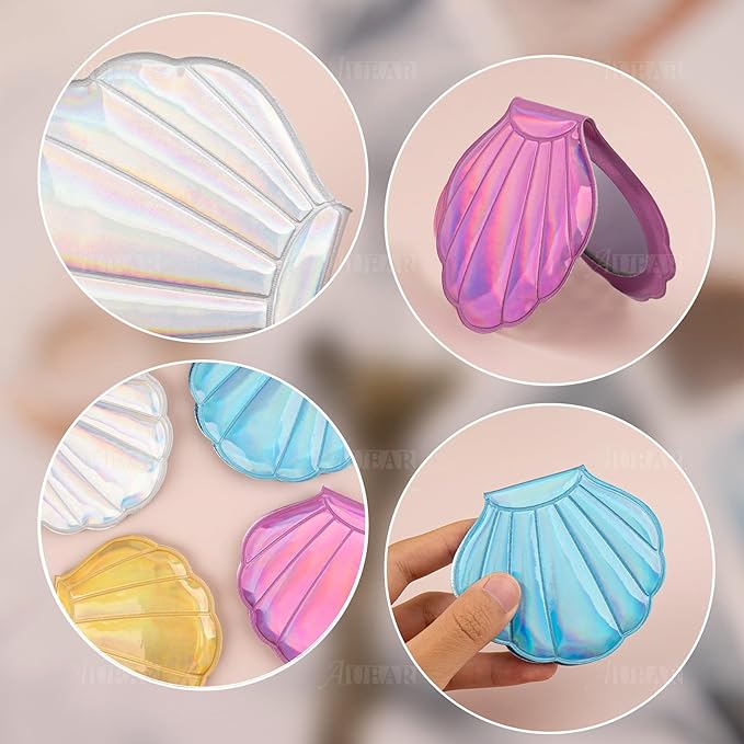 AUEAR, 4 Pack Glitter Shell Mirror Double-Sided Magnification Makeup Mirrors 4 Colors Mini Portable Foldable for Purse Handbag Pocket