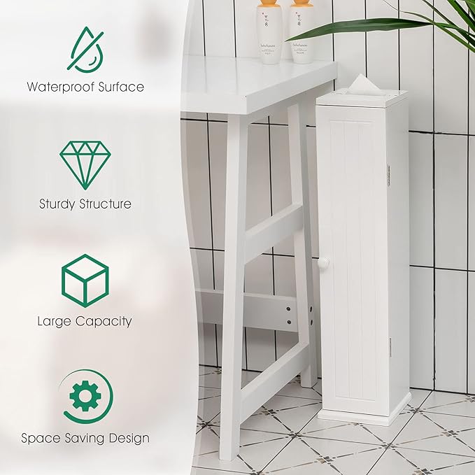 Free Standing Tissue Cabinet, Toilet Paper Holder w/ 3 Detachable Shelves, Hinged Door, Top Slot, 4-Tier Large Capacity & Compact Size, Suitable for Bedroom, Living Room, Bathroom, White