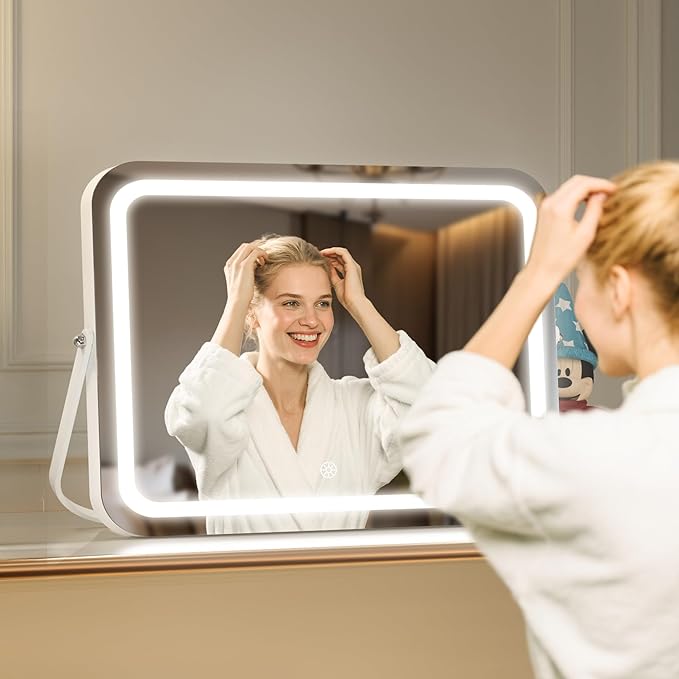 MINISO Vanity Mirror with Lights, 15.8" x 11.8" LED Makeup Mirror, Light & Brightness Adjustment, Smart Sensor, Aluminum Alloy Metal White Frame, with 5X Magnifying Glass