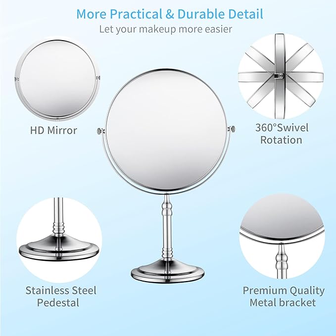 Silver Makeup Mirror 1X/10X Free Standing 8 Inches 360 Swivel Dual-Sided Tabletop Makeup Mirror, Metal