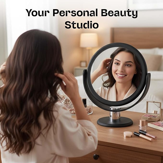 Danielle Creations Round Soft Touch Vanity Mirror Black & Silver, 1x/10x Magnification, Dual Sided Makeup Mirror, Compact Tabletop Cosmetic Mirror, 7.48 x 3.94 x 9.06 Inches