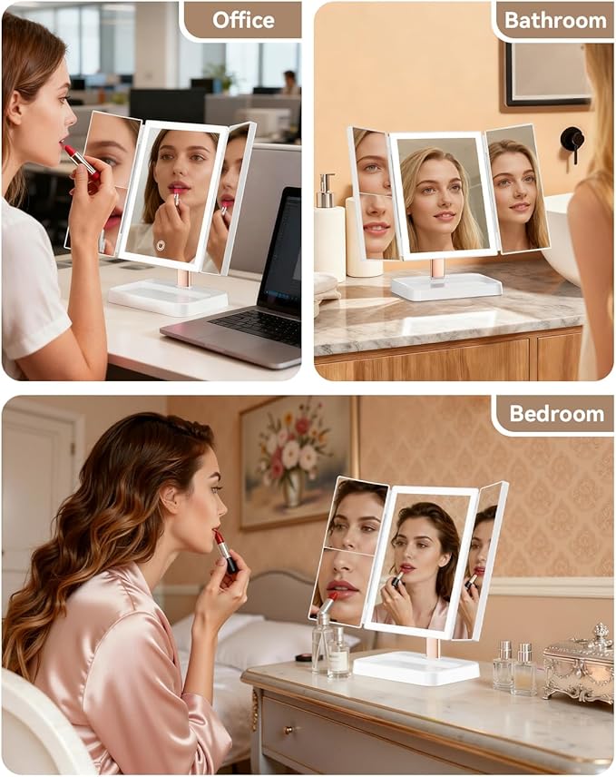 Trifold Vanity Mirror with Lights, 1X/2X/3X Magnification Makeup Mirror, 9" L x 14" W Large Desk Mirror, Ideal for Mom, Wife, Women & Teens