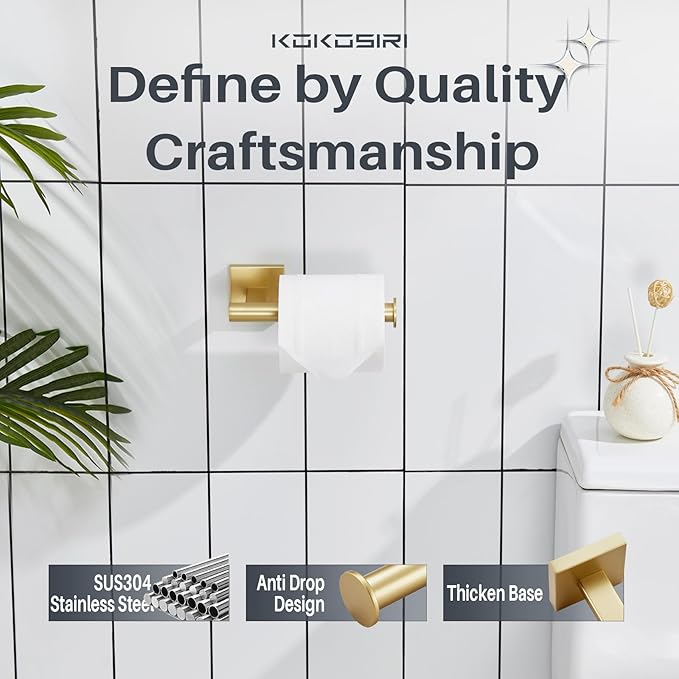 KOKOSIRI 20-Inch Bathroom Shelves Glass Floating Shelf Toilet Roll Holder Toilet Paper Holder Stainless Steel Brushed Gold B1105BG-L20+B2008BG