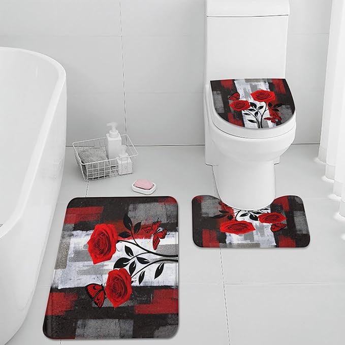 Pamnest 4 Pcs Shower Curtain Sets, Red Rose Flower Summer Grey Abstract Waterproof Bathroom Sets with Non-Slip Rugs, Toilet Lid Cover and Bath Mat, Accessories Modern Home Bathroom Decor 72" X 72"