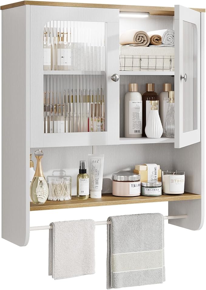 Fluted Bathroom Cabinet Wall Mounted with Towel Bar, Hanging Medicine Cabinet Organizer for Bathroom Storage w/ Motion Sensor LED Light, White Over Toilet Storage Cabinet w/ 2 Door, Adjustable Shelf