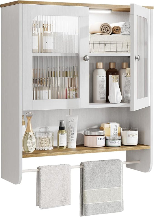 Fluted Bathroom Cabinet Wall Mounted with Towel Bar, Hanging Medicine Cabinet Organizer for Bathroom Storage w/ Motion Sensor LED Light, White Over Toilet Storage Cabinet w/ 2 Door, Adjustable Shelf