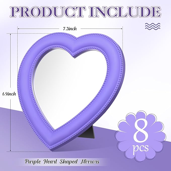 GlikCeil 8 Pcs Spa Party Supplies 8 Heart Shaped Mirror Purple for Sleepover Party Favors Makeup Mirror for Spa Slumber Birthday Favor