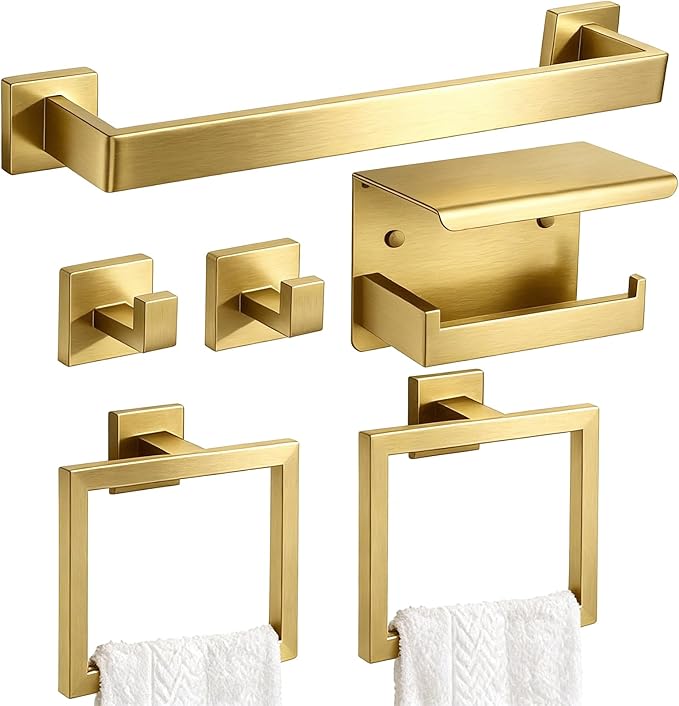 Brushed Gold Bathroom Accessories 6-Piece, Stainless Steel Luxury Bathroom Hardware Set, 16" Towel Bar, Toilet Paper Holder with Shelf, 2 Towel Rings & 2 Hooks, Wall Mounted for Bathroom Remodel