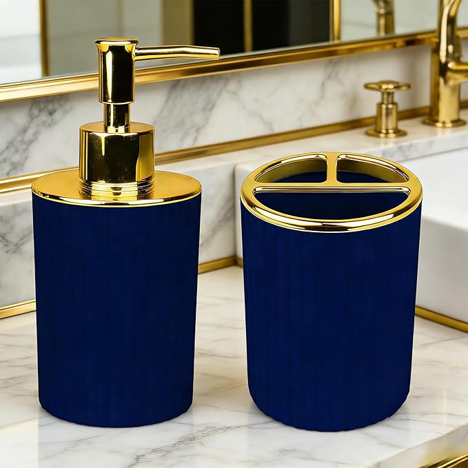 Bathroom Accessories Set, 2-Piece Navy Blue & Gold Soap Dispenser & Toothbrush Holder, Modern ABS Vanity Organizer for Countertop, Minimalist Bathroom Decor