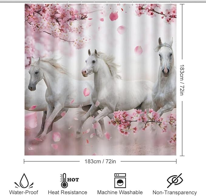 Beautiful White Horse 4 Pcs Waterproof Shower Curtain Set,Realistic Modern Farm Animal Horse Cherry Blossoms with Waterproof Toilet Cover Shower Mat Rugs