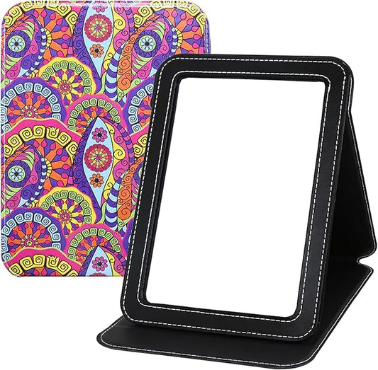 Large Foldable Travel Makeup Mirror, Adjustable Angle Portable Standing Vanity Mirror, Folding PU Leather Rectangular Rounded Corners Design for Desk Table Camping 9"x7"