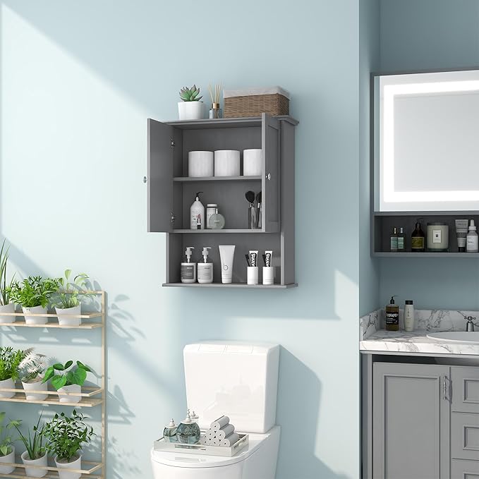 VANIRROR Grey Wall Mounted Bathroom Cabinet 24x30 Inch Wooden Over Toilet Storage Cabinet with 2 Doors, Above Toilet Medicine Cabinets for Bathroom Laundry Room Bedroom Kitchen