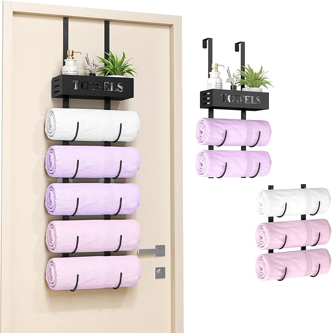 STWWO 6 Tier Over The Door Towel Racks for Bathroom, Wall Mount Bathroom Towel Storage with Basket, Over The Door Towel Holder for Roll Towels, Small Bathroom, RV, Camper, Black