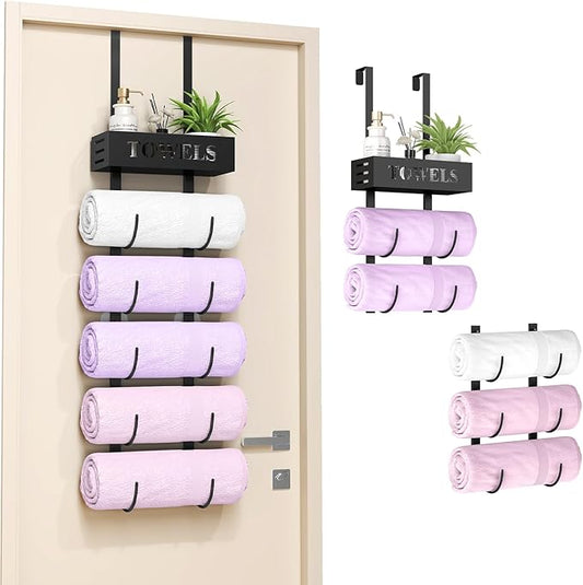 STWWO 6 Tier Over The Door Towel Racks for Bathroom, Wall Mount Bathroom Towel Storage with Basket, Over The Door Towel Holder for Roll Towels, Small Bathroom, RV, Camper, Black