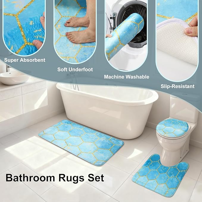 25 Pieces Bathroom Set Teal and Gold Bathroom Accessories Set, Shower Curtain and Rugs, Trash Can, Toilet Brush, Soap Dispenser, Soap Dish, Toothbrush Holder, Tumbler, Tray, Qtip Holder