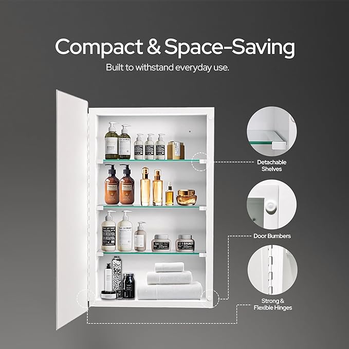 HOUSE REFLECTION Bathroom Medicine Cabinet Mirror – Frameless Beveled Mirror Door, Wall Mounted Bathroom Mirror Cabinet, Recessed or Surface Mount, (12" x 21" Cabinet, 14" x 24" Mirror Door)