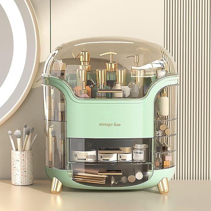 Portable Light Luxury Series Multi-Function Make Up Organizer,Dust Water Proof with Drawer and Lid, Large Capacity for Bathroom, Dresser,Countertop,Bedroom, Green and White (White)