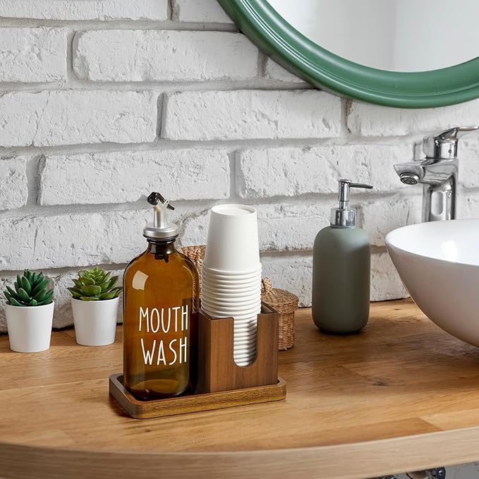 Amber Glass Mouthwash Dispenser for Bathroom, 16 OZ Mouthwash Dispenser with Pour Spout and Acacia Wood Cup Holder and Tray, Mouth Wash Bottle Container for Kitchen Bathroom Decor and Accessories