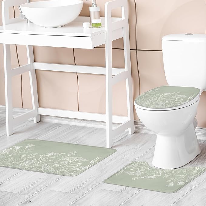 Riyidecor Sage Green Floral Wildflower 4Pcs Bathroom Shower Curtain Sets Vintage Botanical Leaves Bathroom Decor Set with Rugs and Accessories Rustic Toilet Lid Rug, Contour and Bath Mat with 12 Hooks