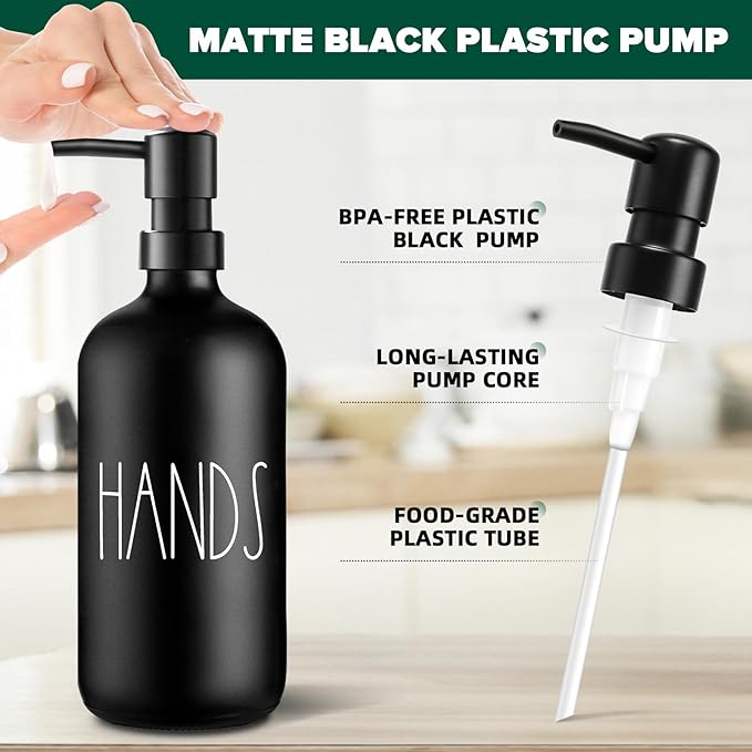 VIMERPA Hand Soap Dispenser, Matte Black Soap Dispenser for Bathroom, Glass Hands Liquid Dispenser with Plastic Pump, 17 Fl Oz Refillable Lotion Soap Bottle Container, Farmhouse Kitchen Decor