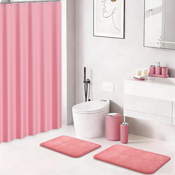 XLHOMO 24 PCS Pink Bathroom Accessories Set with Shower Curtain and Rugs, Bathroom Sets with Extra Soft and Absorbent Bath Rugs Shower Curtain Pink Bathroom Sets for Bath