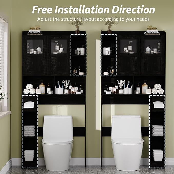 Farmhouse Style Over Toilet Storage Cabinet, 67" Tall Bathroom Organizer Unit with Sliding Barn Doors & Open Shelving for Bathroom, Neutral Wood Grain Finish