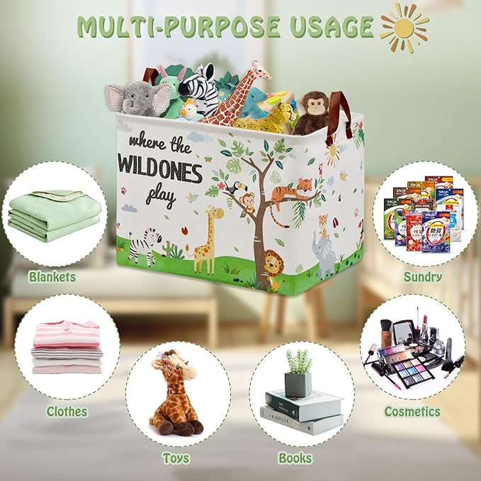 Jungle Safari Nursery Decor Basket -Elephant Giraffe Baby Boy Laundry Basket, Tropicals Laundry Hamper, Kids Toy Box Bin for Bedroom Bathroom Livingroom