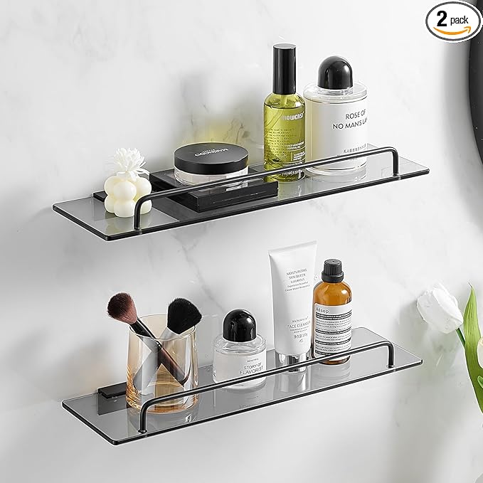 Voldra Glass Shelf for Bathroom, 2 Pack Adhesive Shower Shelves for Inside Shower No Drilling, Tempered Glass Showers Organizer with Guardrail Bathroom Shelf Storage Rack (Black)