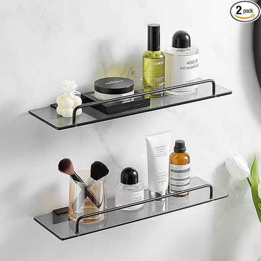 Voldra Glass Shelf for Bathroom, 2 Pack Adhesive Shower Shelves for Inside Shower No Drilling, Tempered Glass Showers Organizer with Guardrail Bathroom Shelf Storage Rack (Black)