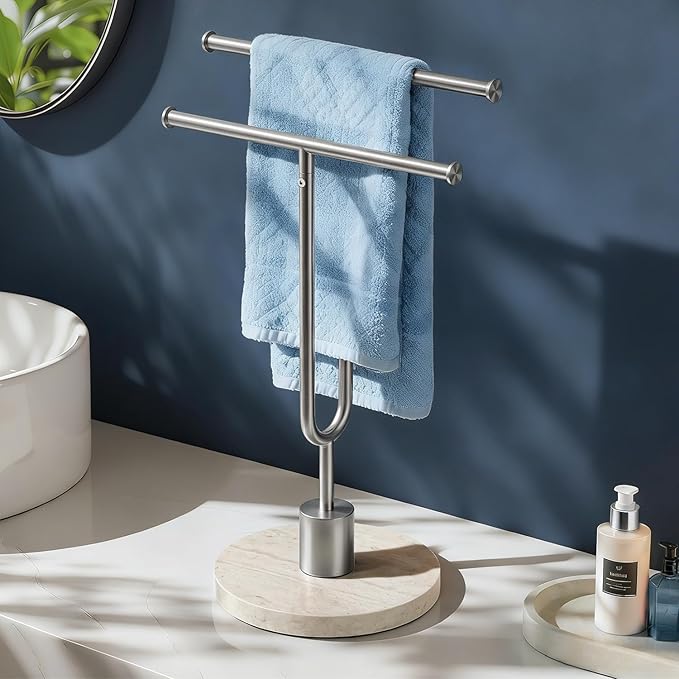 Towel Holder Stand with Natural Travertine Base Stainless Steel Hand Towel Holder Rack for Bathroom Countertop Unique Free Standing Towel Bar Holds 2 Towels for Kitchen Countertop (Brushed Silver)
