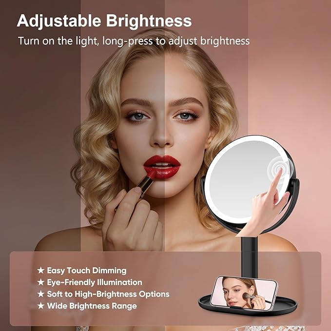 Lighted Makeup Mirror with 10X Magnification, Rechargeable LED Magnifying Vanity Mirror with 3 Lights, Adjustable Height, Storage Base and Phone Holder, Black, 7 inch