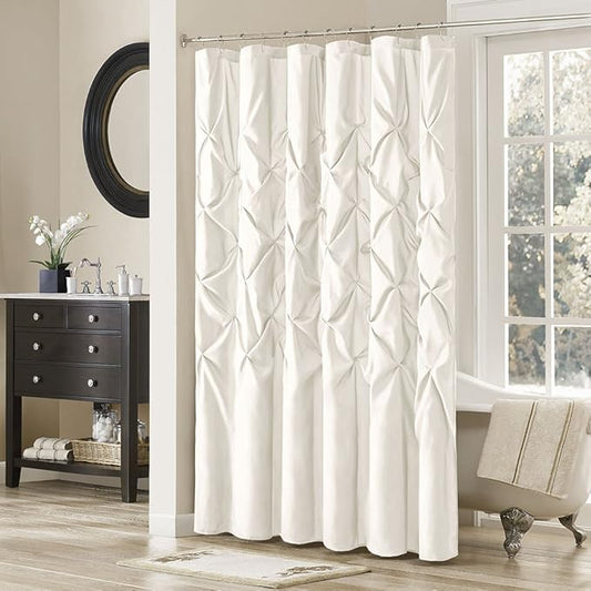 Madison Park Laurel Semi-Sheer White Shower Curtain – Lightweight Faux Silk Fabric, 72x72 in, Light Filtering, Modern Style Bathroom Curtain Textured Tufting Detail Modern Mid-Century Bathroom Decor