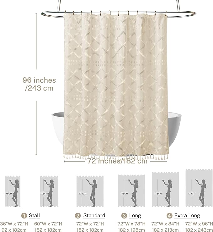 Extra Long Cream/Beige Boho Shower Curtain - Woven Fabric Farmhouse 96 Inch, 72 x 96 Tufted Chevron Textured Striped Modern Minimalist Cloth Curtain for Bathroom